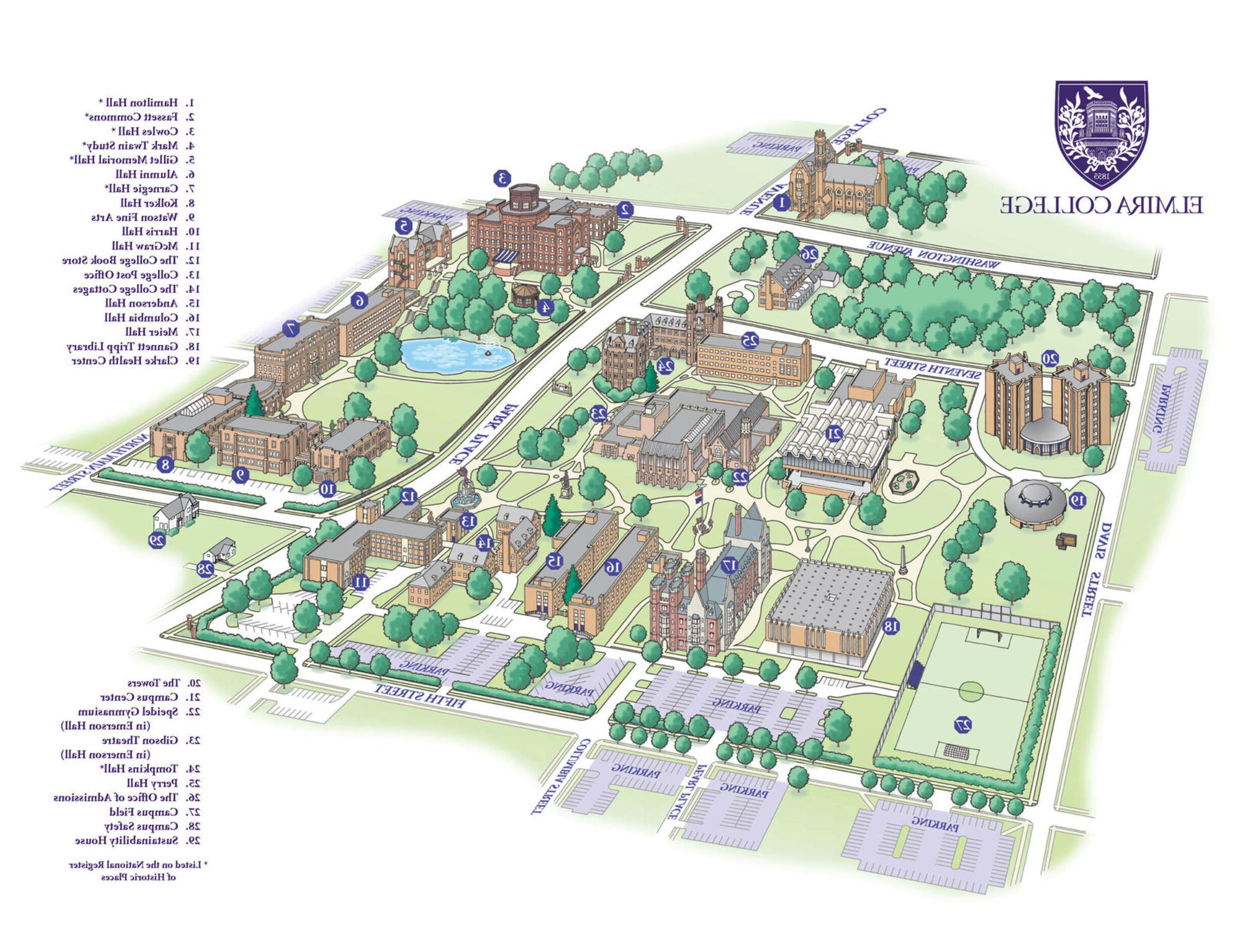 A map of the 埃尔迈拉大学 campus